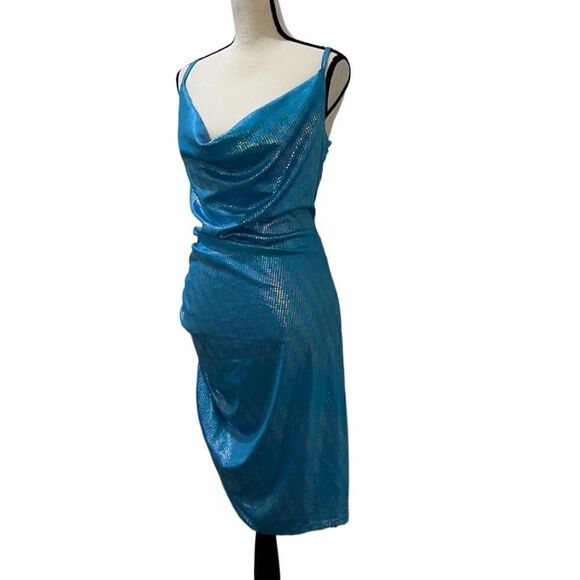 FTF Crowl Neck Ruched Iridescent Asymmetrical Dress - Picture 4 of 15